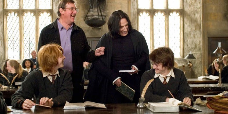 Mike Newell Rupert Grint Alan Rickman and Daniel Radcliffe in Goblet of Fire